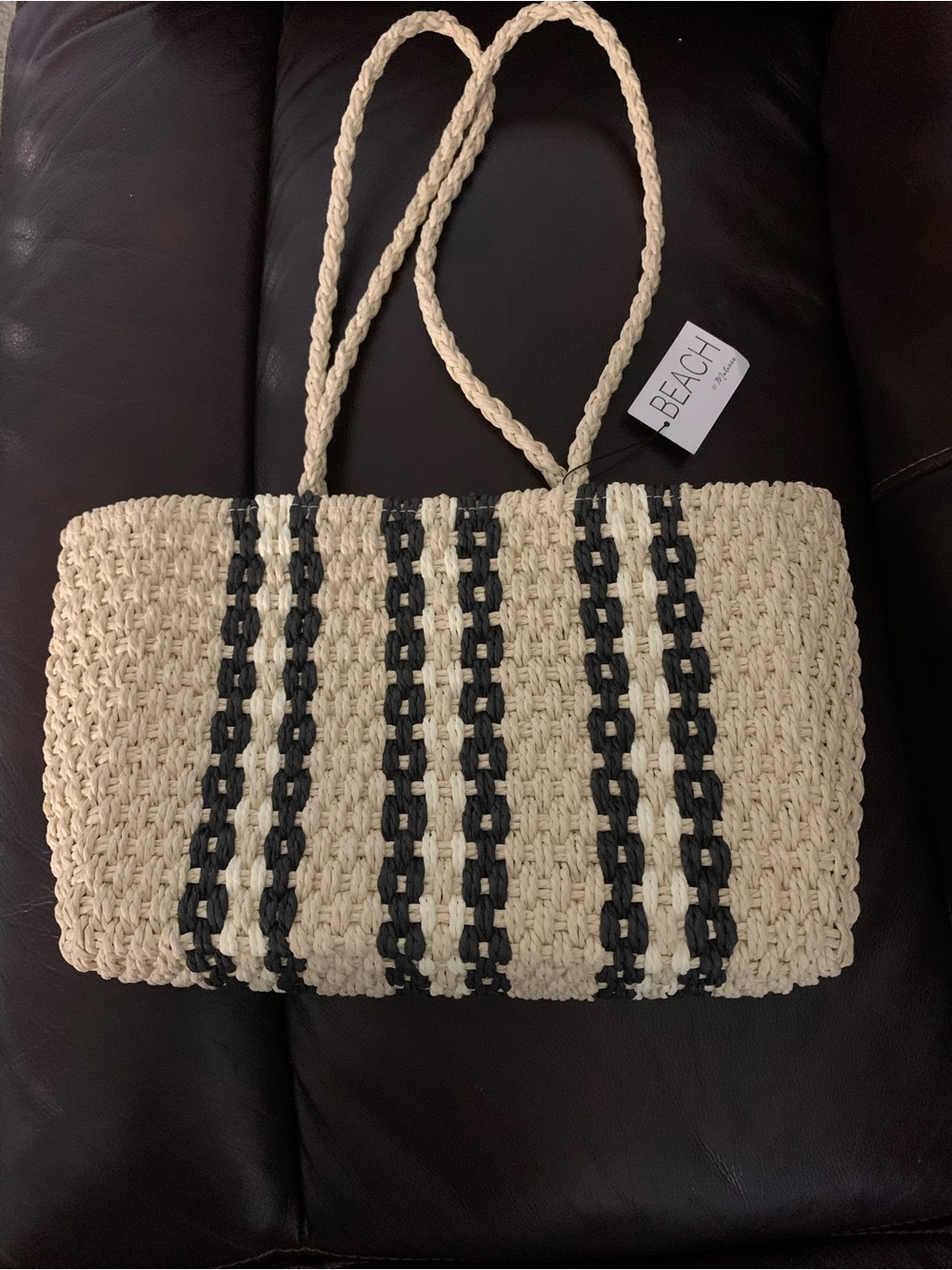 NEW Beach by Matisse Catamaran Natural & Black Stripe Woven Raffia Handbag